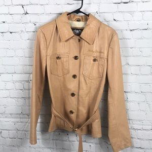 Harley-Davidson Belted Leather jacket embroidered front & back cream lining Sz M